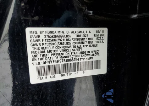 2011 Honda Pilot Touring z USA, uszkodzony, nr VIN 5FNYF4H97BB088254